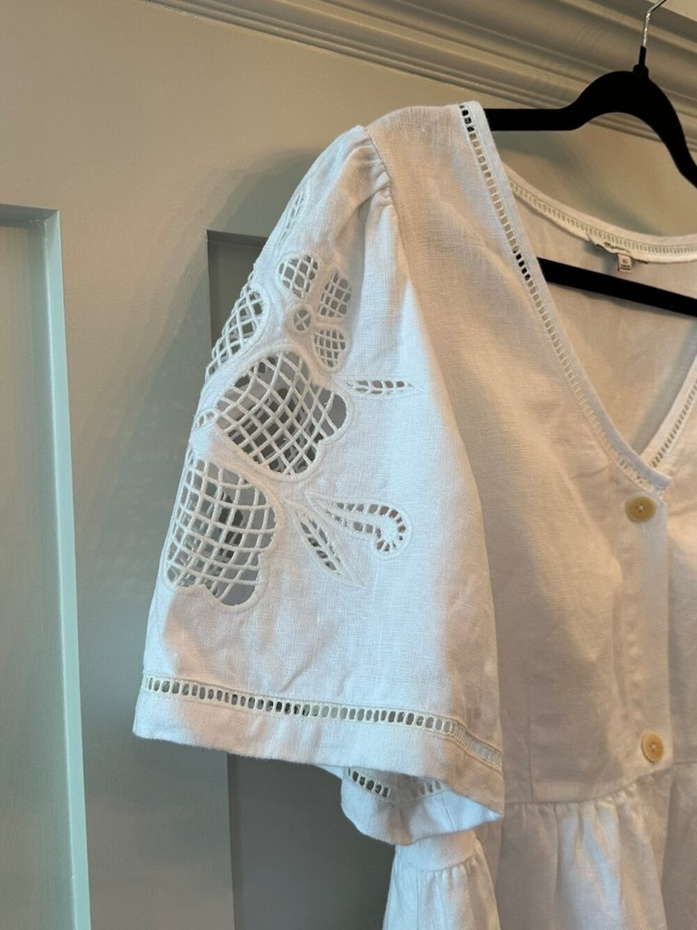 🤍 Madewell White Linen Midi Dress M 🌿 Cottagecore Embroidered Sleeve Boho - Picture 9 of 13